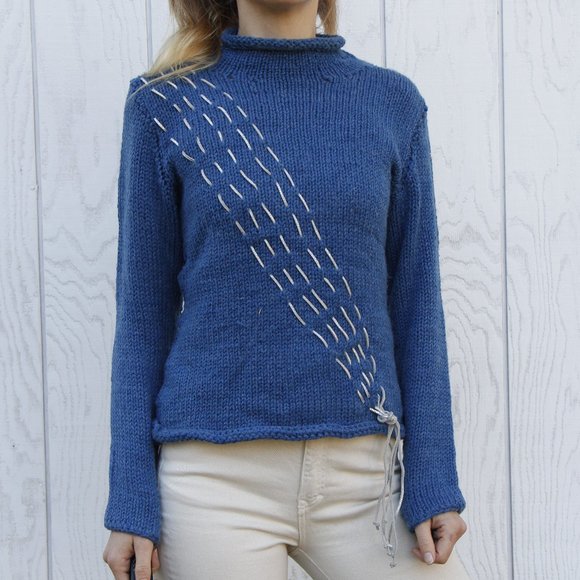 Vintage Mock Turtleneck Wool Sweater with Iridescent Leather Accent - Picture 10 of 12